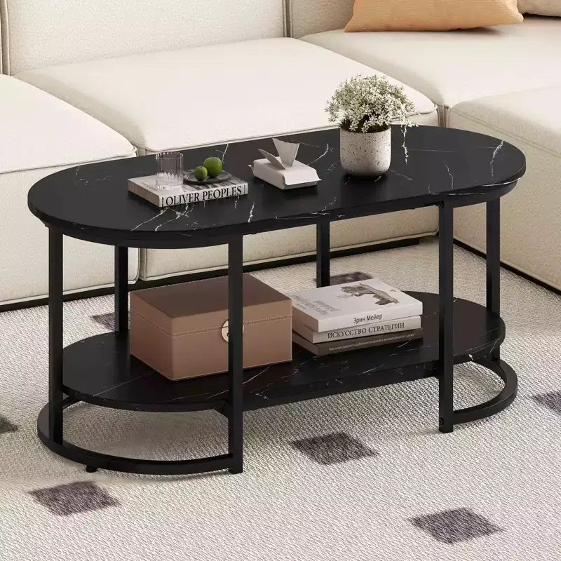 White Marble Coffee Table Modern 2-Tier Center Table with Open Storage Shelf Black Marble Pattern Black Marble Pattern/White & Gold