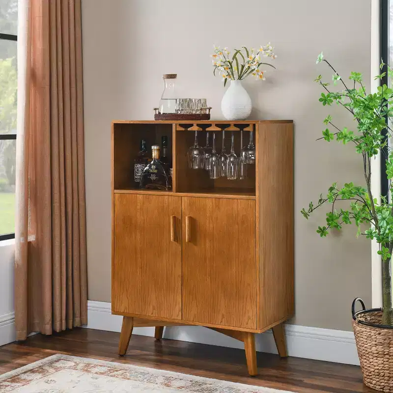 31.5-Inch Wooden Wine Cabinet with Glass Holder, Wine Rack, Adjustable Shelves, and Sideboard Storage for Kitchen or Home Bar