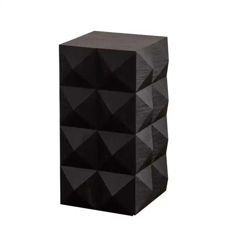 Homy Casa End Side Table, Geometric Carved Solid Wood End Table, Black Accent Table for Living Room, Bedroom