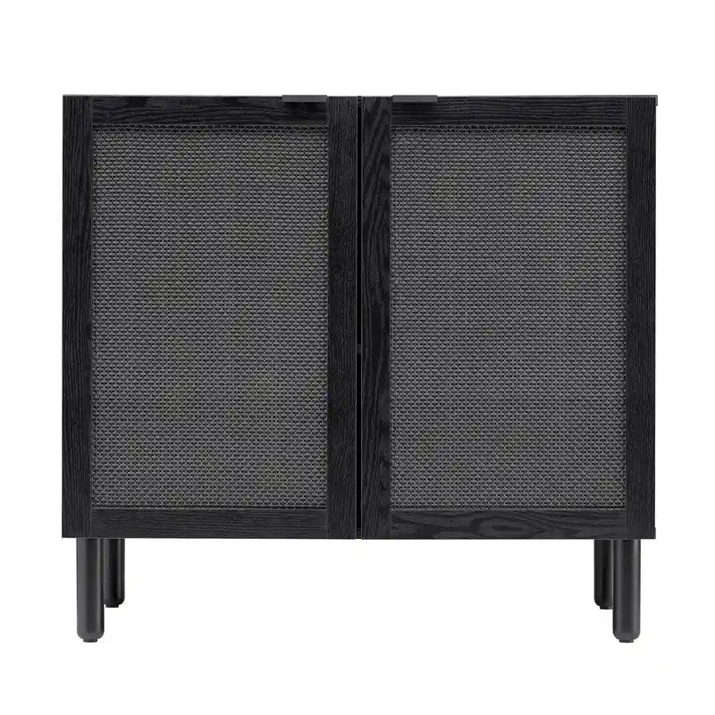 2-Door Cabinet, Black Synthetic Rattan Panels, Adjustable Shelf, Solid Wood Cylindrical Legs