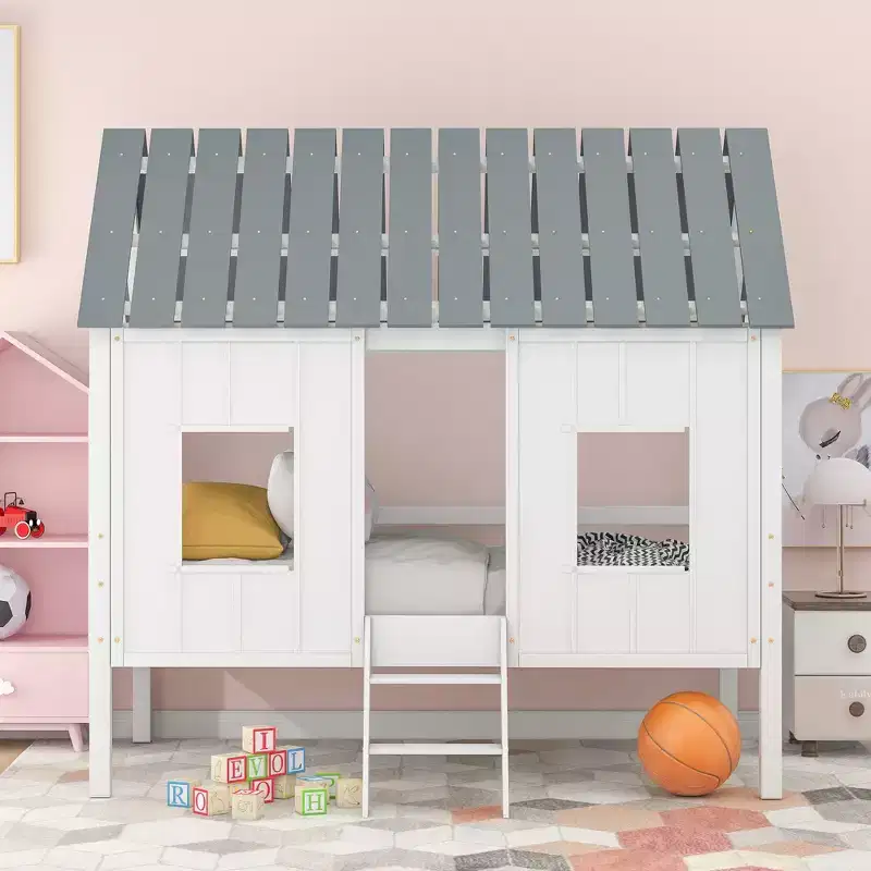 Whisen 80.4''L  45.2''W  71.4H Twin Size House-shaped Low Loft Bed with Roof and Two Front Windows - White