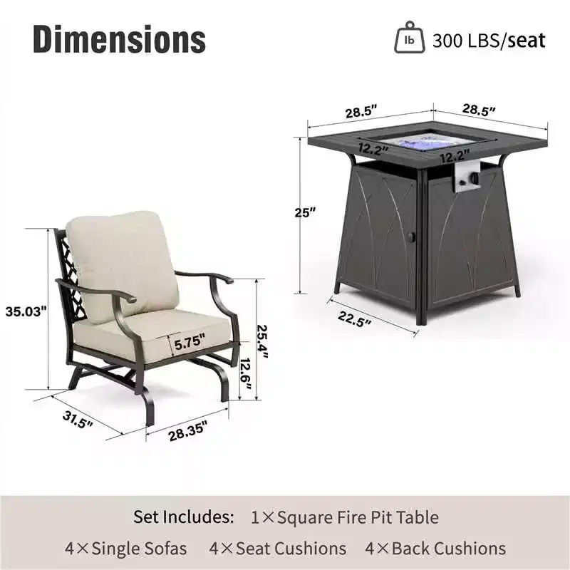 Captiva Designs 5pc Metal Patio Outdoor Conversation Fire Pit Set with Rocking Grid-back Armchairs for Garden, Poolside, Backyard