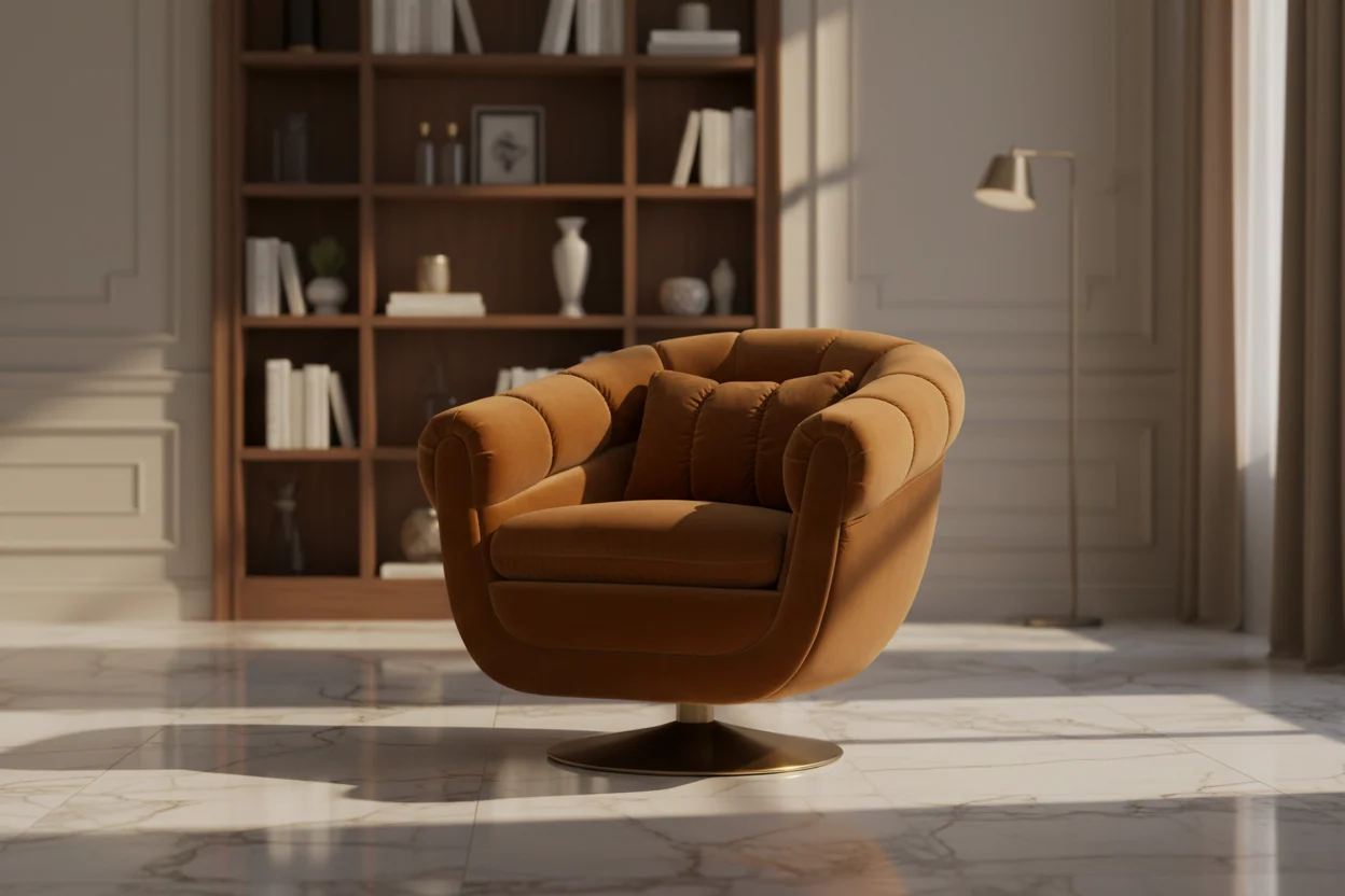 Classic Club-Style Cotton Swivel Lounge Chair with Electroplated Steel Base