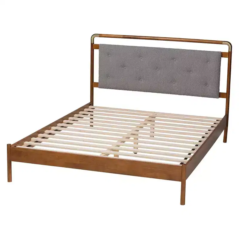 Baxton Studio Queen Size Edwina Boucle Fabric and Wood Platform Bed Light Gray/Walnut Brown