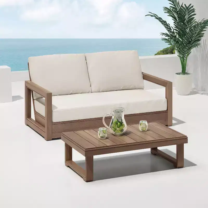 GDFStudio Andrae Outdoor Acacia Wood Loveseat and Coffee Table Set with Cushions