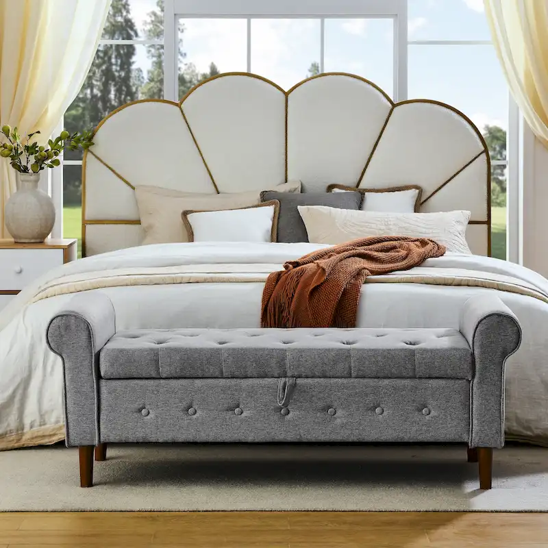 Fabric Tufted Storage Bench with Rolled Arms – Grey / Black / Beige / Blue, 2-Seat