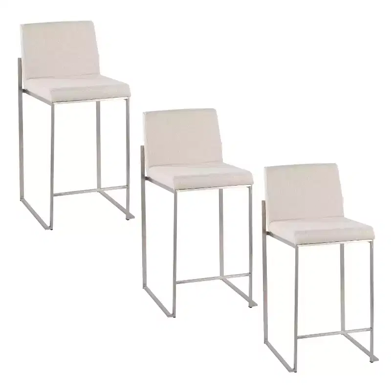 LumiSource Set of 3 Fuji High Back Counter Height Barstools Stainless Steel/Beige