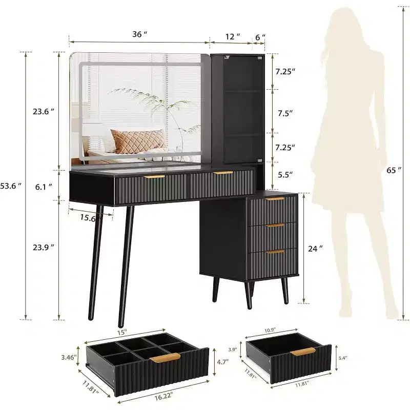 48 Makeup Vanity with 36 Mirror and Light, 3 Color Modes, Glass Top Dressing Table with 5 Drawers, 3 Shelves and Built-in Outlets for Bedroom