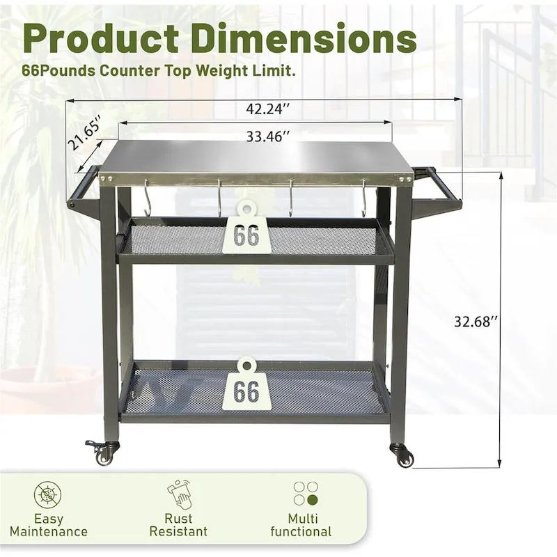 3-Shelf Outdoor Grill Cart with Wheels, Stainless Steel Tabletop