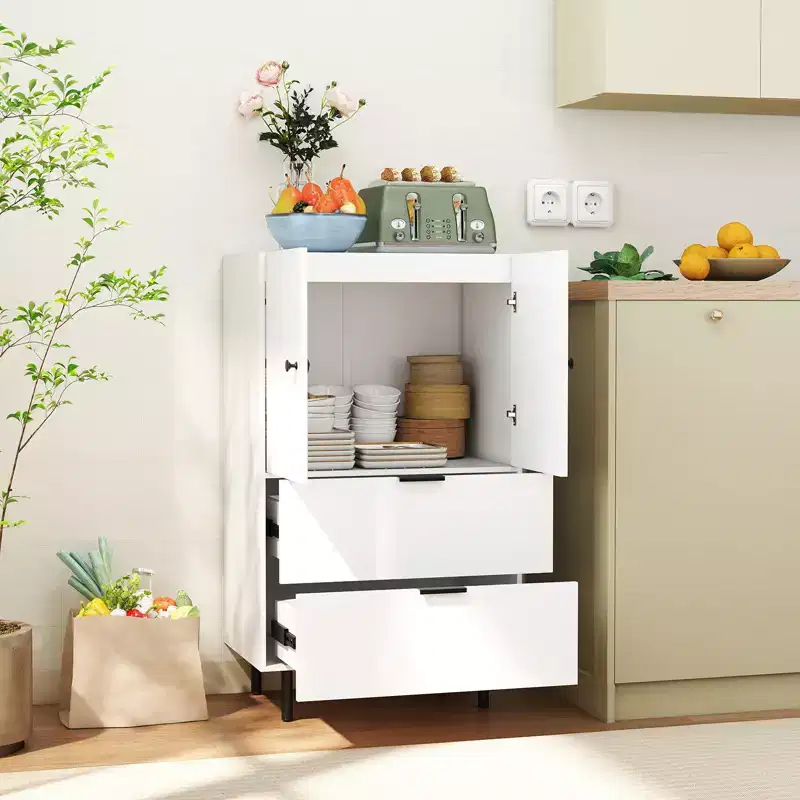 Costway 2-Door Serving Cupboard w/ Drawers & Storage Cabinet Metal Legs for Living Room