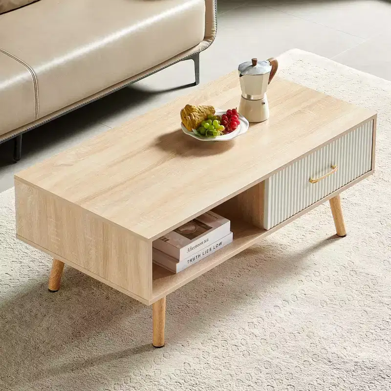 Natural Wood Color Rectangle Coffee Table with Solid Wood Legs and Sliding Drawer Storage