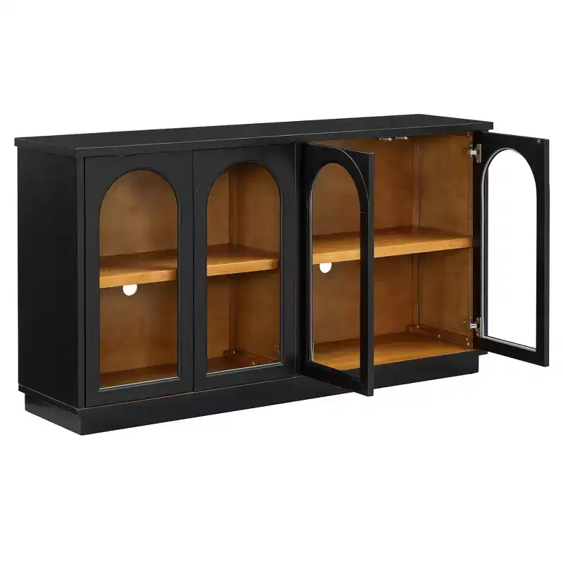 Polibi 4-Door Arched Glass Buffet Cabinet with Adjustable Shelves & Rebound Doors