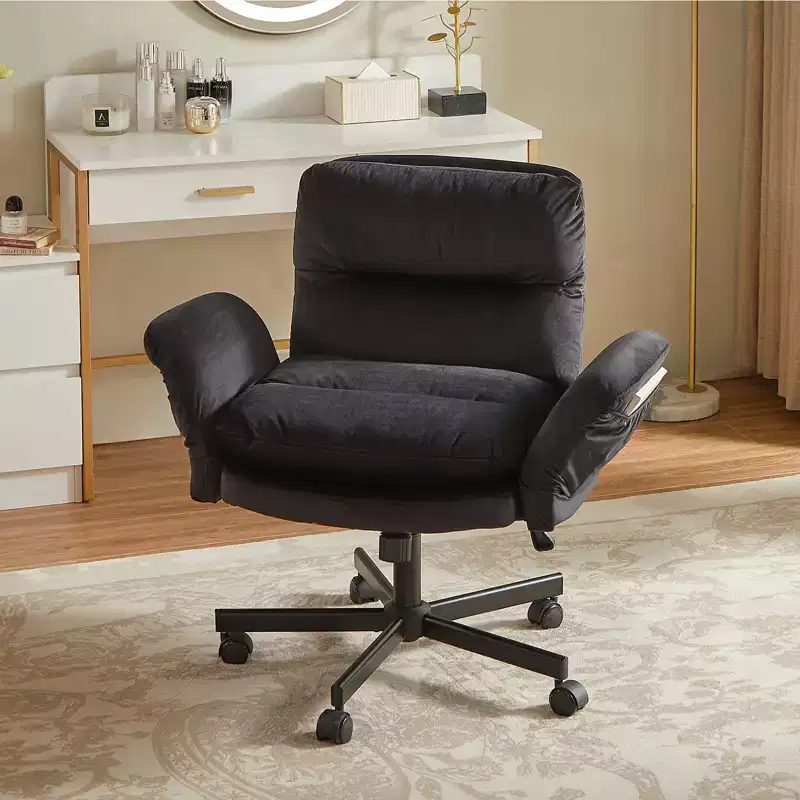 Ergonomic Cross-Legged Office Chair with Flip-Up Armrests & Wheels - Adjustable Height, Dual-Layer Foam, Side Pockets