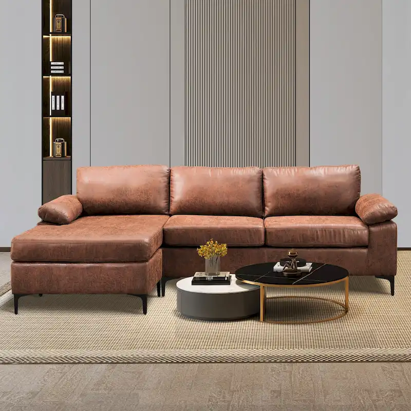 OVIOS Mid-Century Suede Reversible Chaise Sofa With Metal Legs