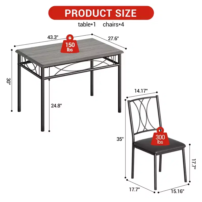 5-Piece Modern Dining Table Set, Small Space Table & 4 Chairs, Metal Frame, Retro/Gray