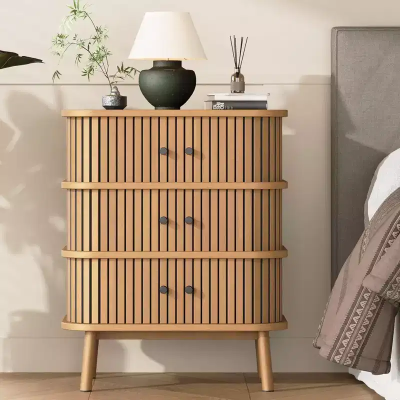 Fluted 3 Drawers Nightstand with Sliding Door