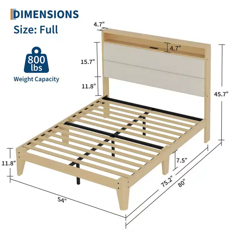 Upholstered Boucle Bed Frame with RGB LED Light and Charging Station, 2-Tier Storage Headboard and Wooden Slats Support