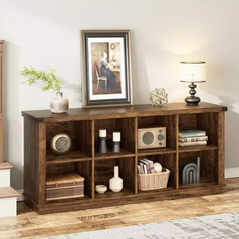 8 Cube Storage Organizer Bookshelf, Farmhouse Horizontal Bookcase, 62 Inch Wood Storage Bookcase for Entryway, Long Low Bookshelves for Living Room