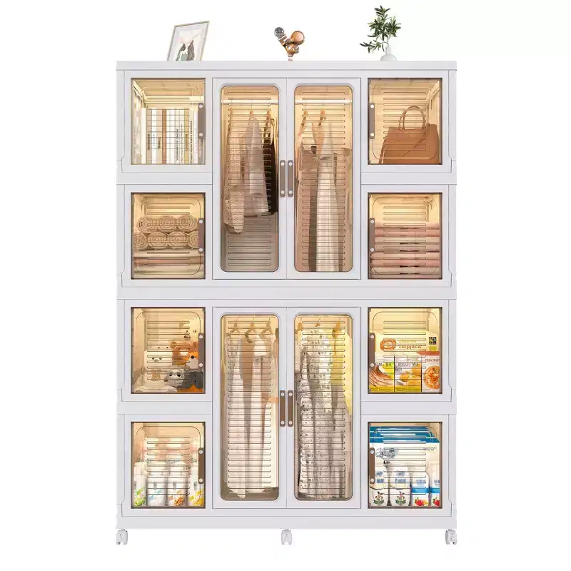 CLIHOME Portable Wardrobe Closet Storage Organizer for Clothes Dresser, Storage Cabinet with 12 Magnetic Doors -12 Cubes & 2 Hanging Rod