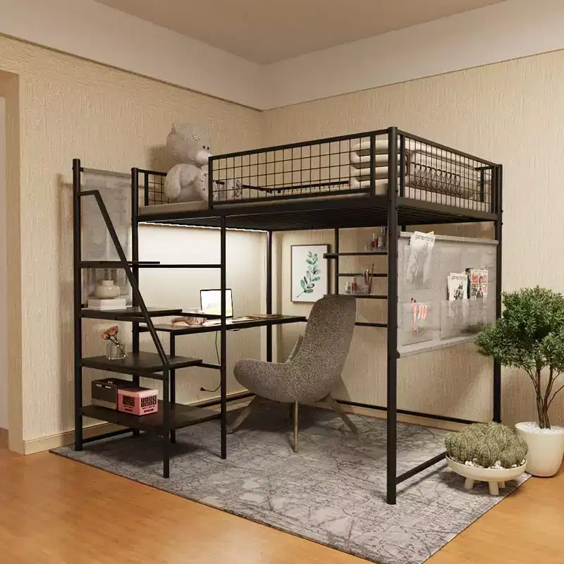 Okak Full Size Loft Bed with Safety Guardrail, Bunk Bed with Desk, Ladders and Storage Shelves, Twin Bed for Kids and Adults