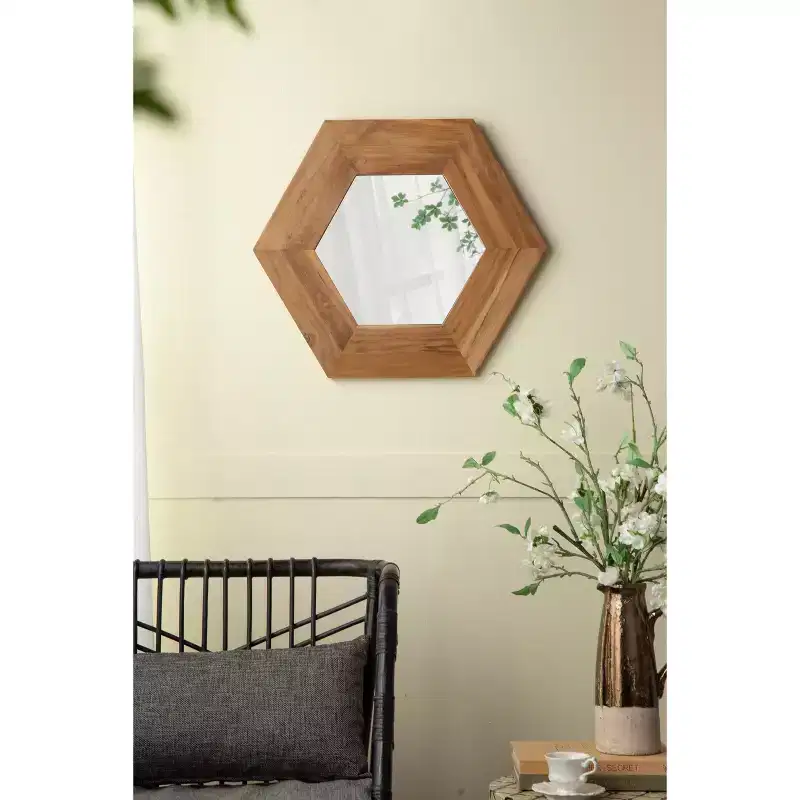 18.5 x 18.5 Hexagon Wall Mirror with Natural Teak Wood Frame, Wall Decor for Living Room, Bathroom, Hallway