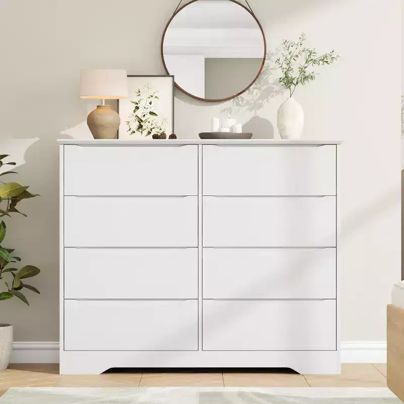 Wooden Dresser with 8 Drawers, Tall Modern Closet with Deep Storage, Large Chest of Drawers with Wide Top, Long Storage Dresser