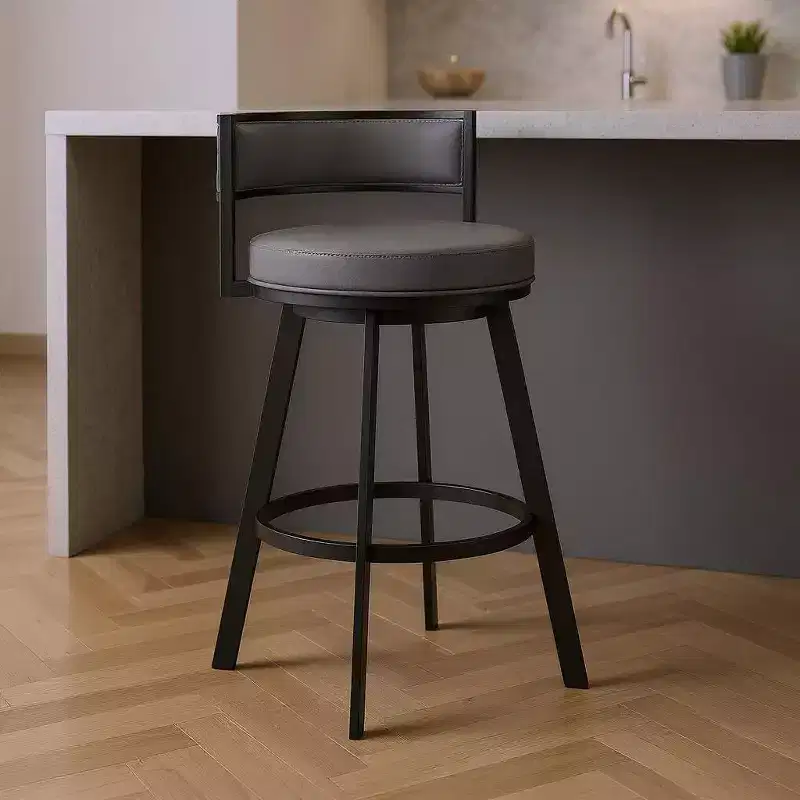 26 Gray And Black Faux Leather And Iron Swivel Low Back Counter Height Bar Chair