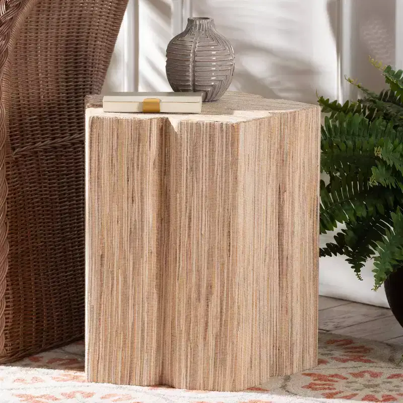 Woven Grasscloth End Table, Natural Finish, Boho Side Table for Living Room & Bedroom