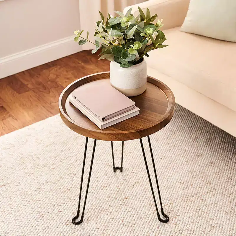 Round Wooden Side Table With Metal Foldable Legs - 15D