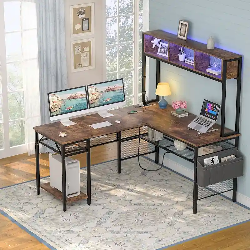 Rustic Brown / White / Pink / Black / Grey Oak L-Shaped Gaming Desk with RGB LED, Power Strip and Storage for 1 Person