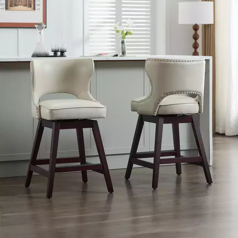Swivel Nailhead Counter Bar Stools Set of 2 Upholstered 360° Solid Wood Legs 26