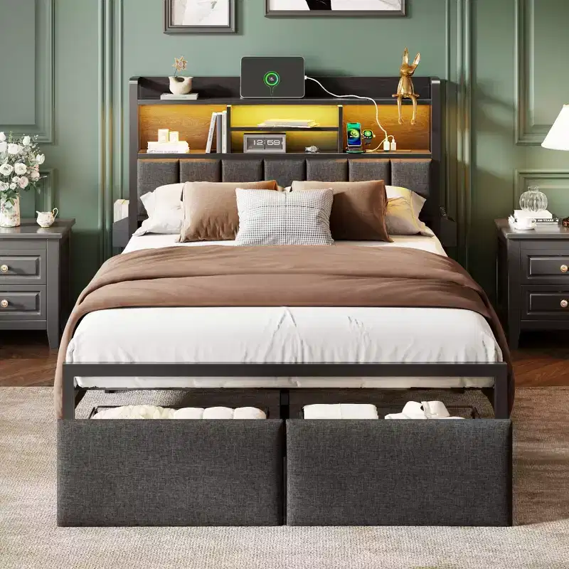 Full Size Upholstered Platform Bed Frame Storage Drawers Headboard Shelf LED Lights Charging Station Metal No Box Spring Needed Teen Bedroom