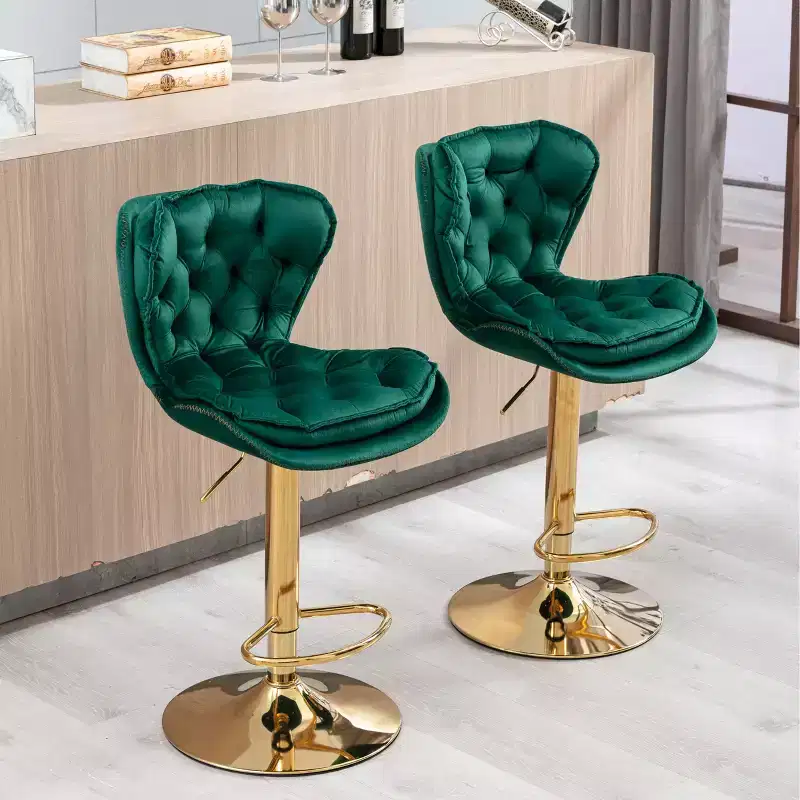 Okak Chic Velvet Bar Stools Counter Height Set of 2, Swivel Barstools with Adjustable Mechanical Lifting, Back Tufted&Chrome Footrest