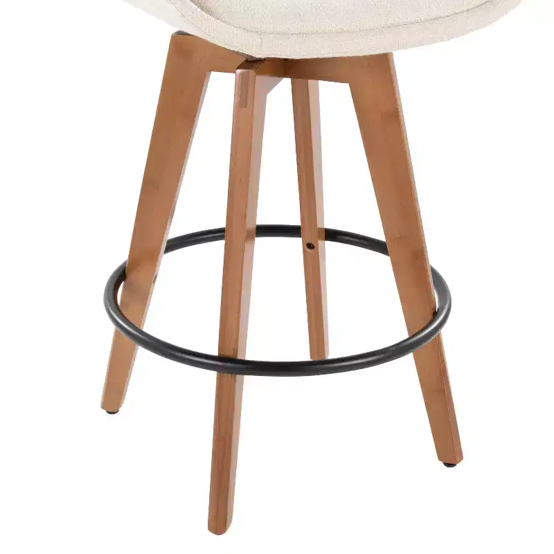 Mid-Century Counter Height Barstool, Walnut Bamboo Frame, Cream Fabric, 360° Swivel