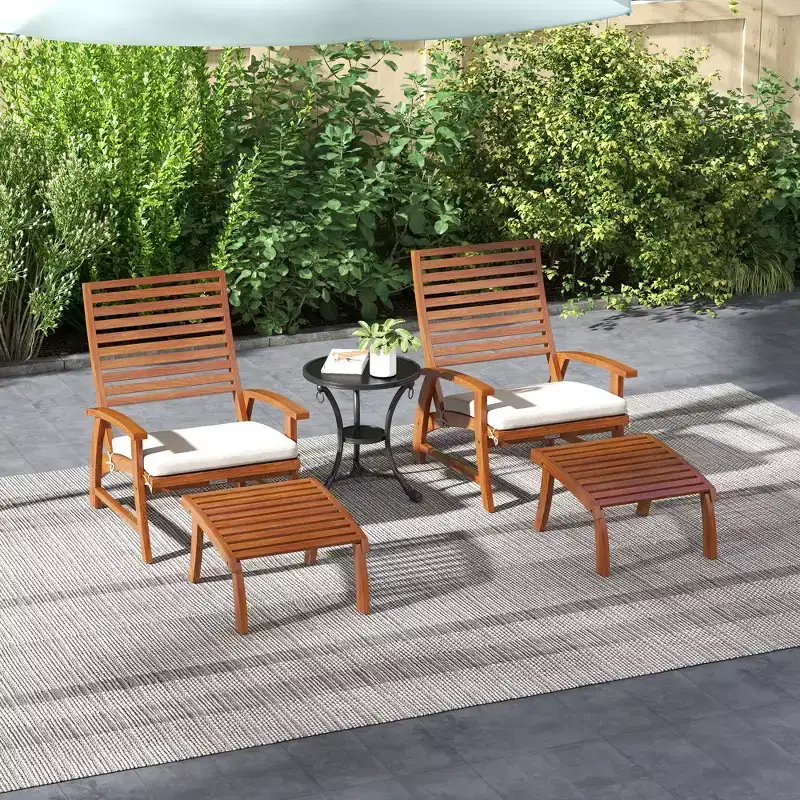 Outsunny 4 Piece Patio Furniture Set, 2 Chairs with Cushions & Ottomans, Slatted Acacia Wood Seat & Backrest, Cream White