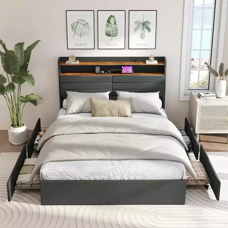 Zevemomo Full Bed Frame with 4 Storage Drawers, Full Size Upholstered Bed Frame with Headboard, LED,Sturdy Metal Slat Support, No Noise, Dark Gray