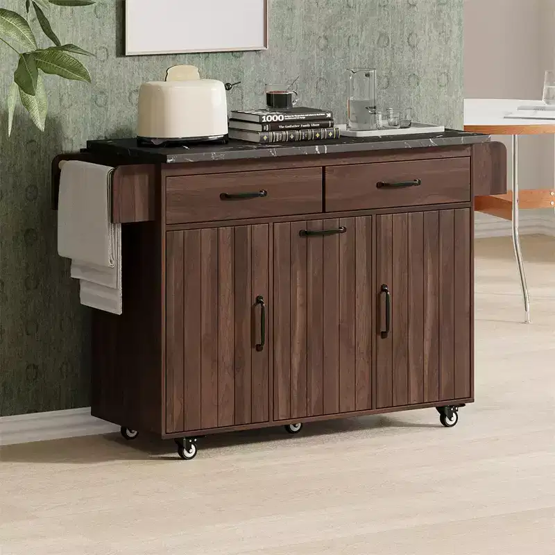 Kitchen Island with Trash Can Storage Cabinet, Rolling Kitchen Cart with Drop Leaf, Mobile Kitchen Island On Wheels For Dining Room Kitchen