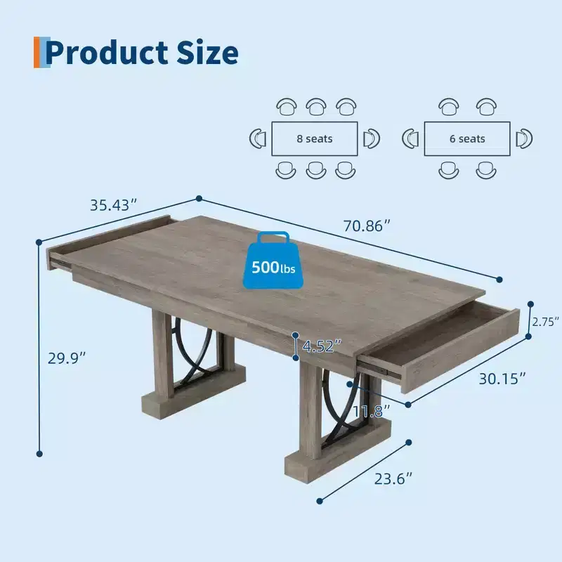 Modern Rectangular Wood Dining Table with Sturdy Double Pedestal Base, Thick Tabletop for Dining Room and Restaurant, Durable Wood Finish( No chairs)