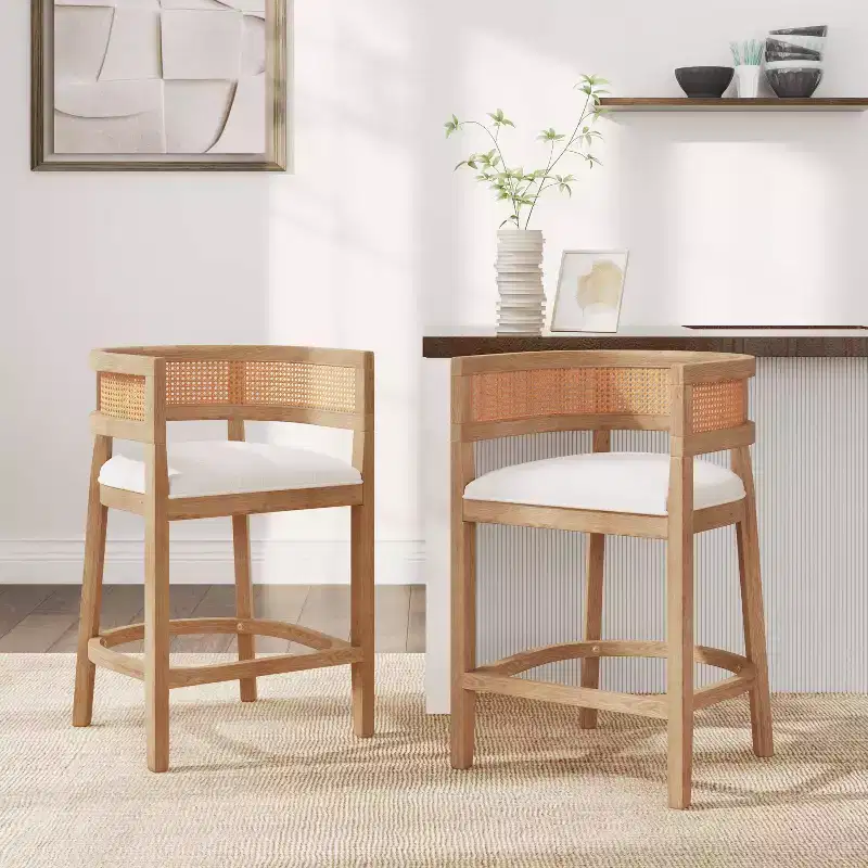 Christopher Knight Home Set of 2 Amir Contemporary Rubberwood Upholstered with Curved Rattan Back Counter Height Barstools Oak
