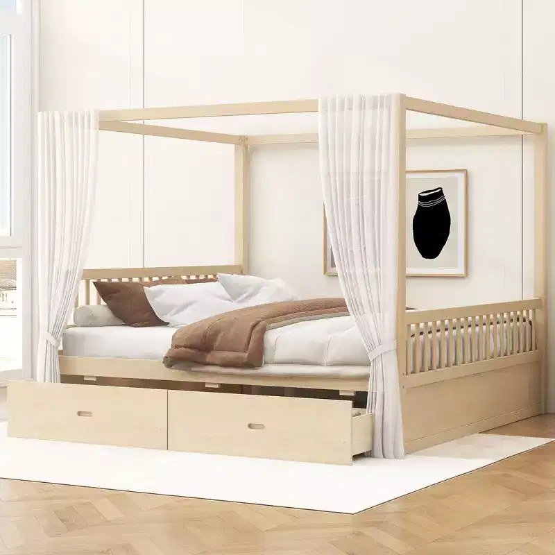 Whisen Queen Size Wooden Canopy Bed Frame with 2 Built-in Storage Drawers, Sturdy Durable Construction