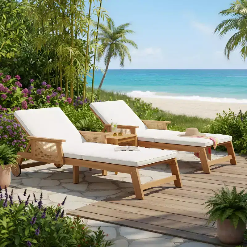 Christopher Knight Home Sakura Modern 3 Piece Acacia Patio Sunlounge and Slatted Table Set with Wicker Armrest