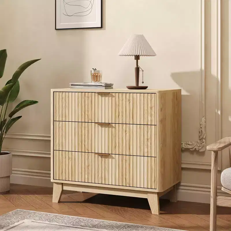 COZONY 3 Drawer Fluted Nightstand, Modern Wood Bedside Table with Large Storage Organizer for Bedroom