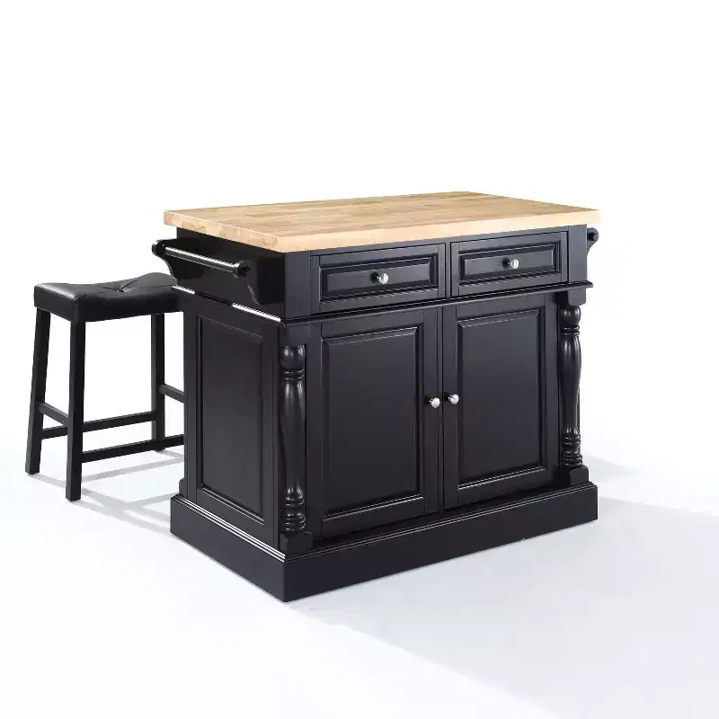 Oxford Kitchen Island with 2 Upholstered Saddle Stools Black - : Pass-Through Storage, Towel Bars, Wood Veneer