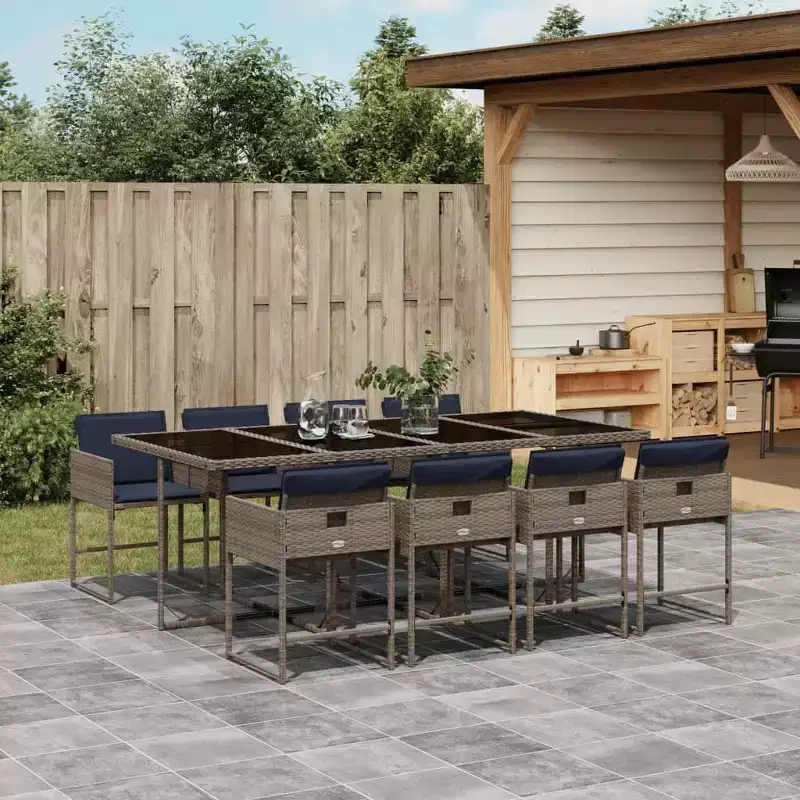 vidaXL Patio Dining Set Set of 8 Gray Poly Rattan 9 Piece Set