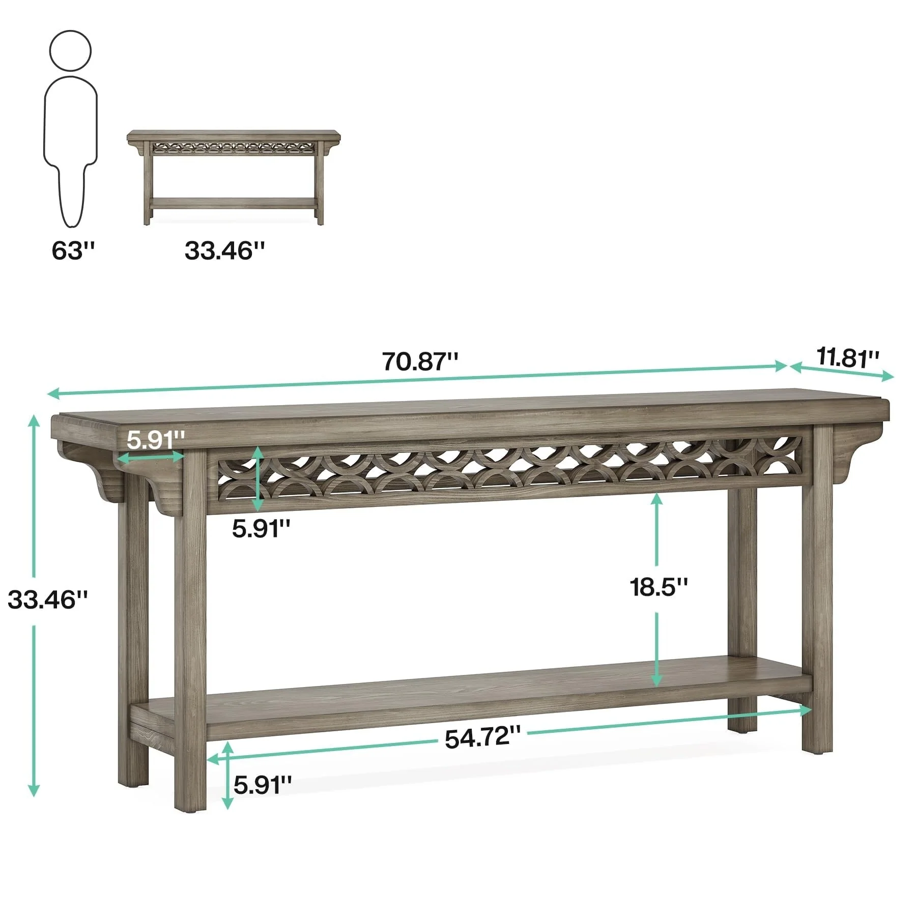 70.8 Inch Farmhouse Solid Wood Long Console Table Sofa Table