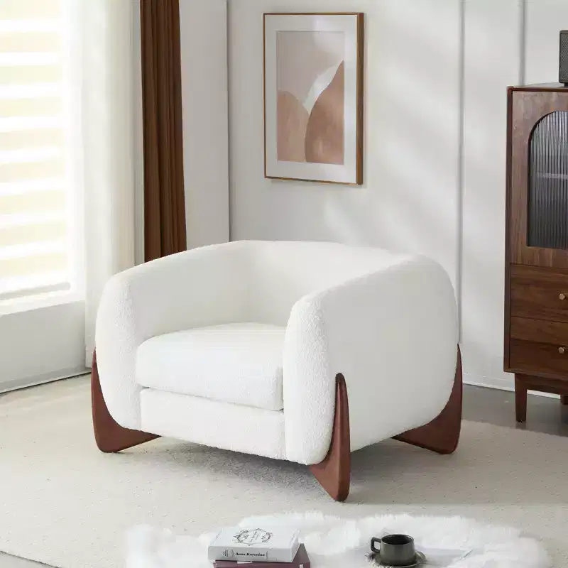 Birch Wood Boucle Upholstered Club Chair