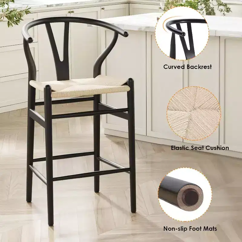1 Piece Fully Assembled Wishbone Barstool Dining Chair Weave Counter Height Bar Stool for Kitchen Island Beige