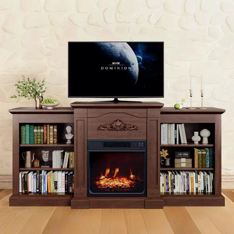 Tv Stand with Fireplace, 67 Rustic TV Stand with 18 Electric Fireplace, Media Console for 80 TVs w/Open Shelve for Living Room