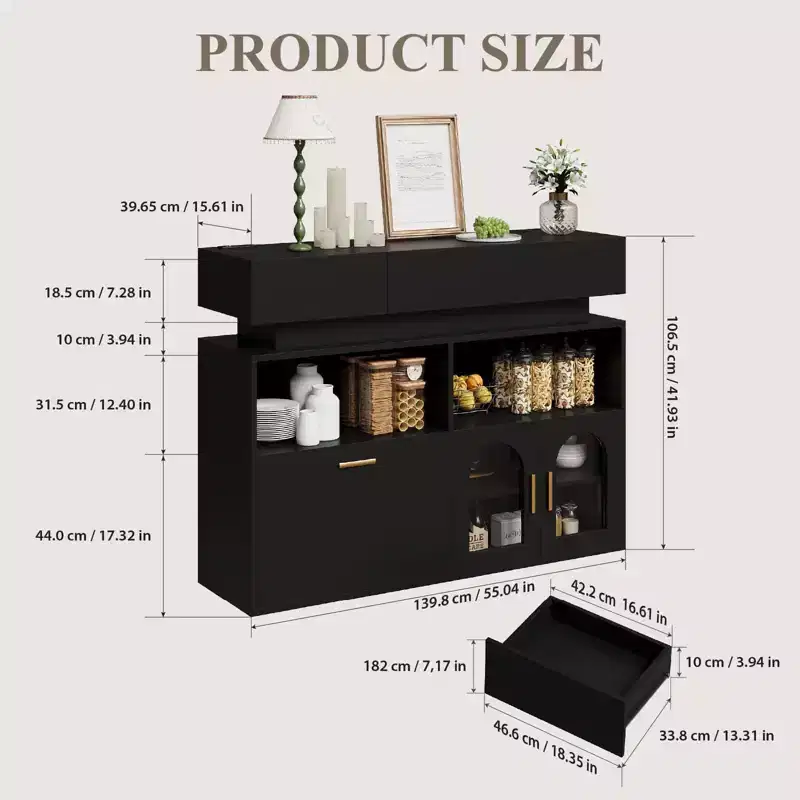 Wood Coffee Bar Cabinet, Kitchen Storage with 3 Drawers & Adjustable Shelf, Sideboard Buffet Table for Dining Room