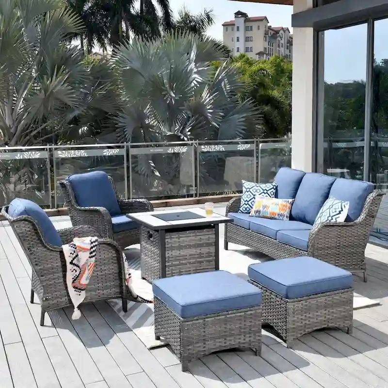 OVIOS Grey Wicker 6-piece Patio Furniture Set With 30 Fire Pit